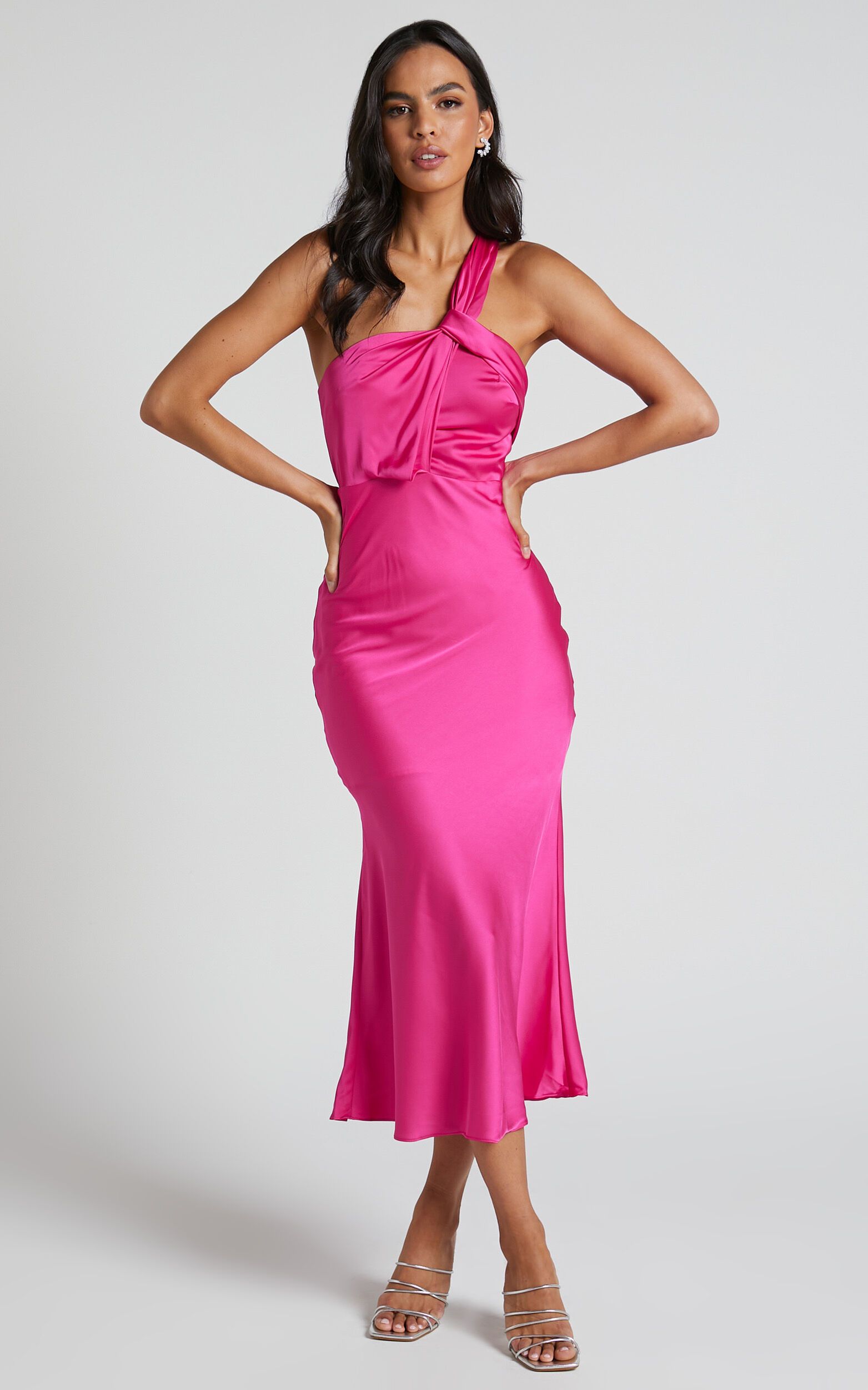 Carmella Midi Dress - One Shoulder Twist Detail Dress in Fuchsia | Showpo (US, UK & Europe)