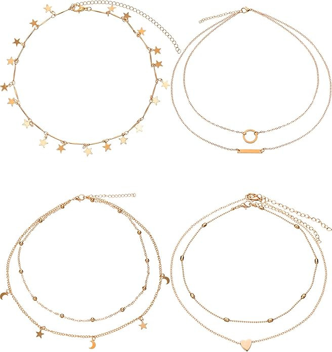 BBTO 4 Pieces Layered Pendant Choker Necklace Gold Layering Chain Choker for Women Girls | Amazon (US)