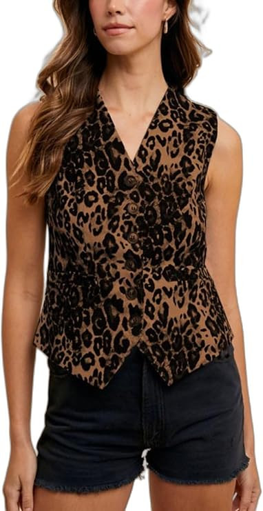 Womens Casual Denim Vest Leopard Print Button Front Sleeveless Fitted Waistcoat Explorer Style V ... | Amazon (US)
