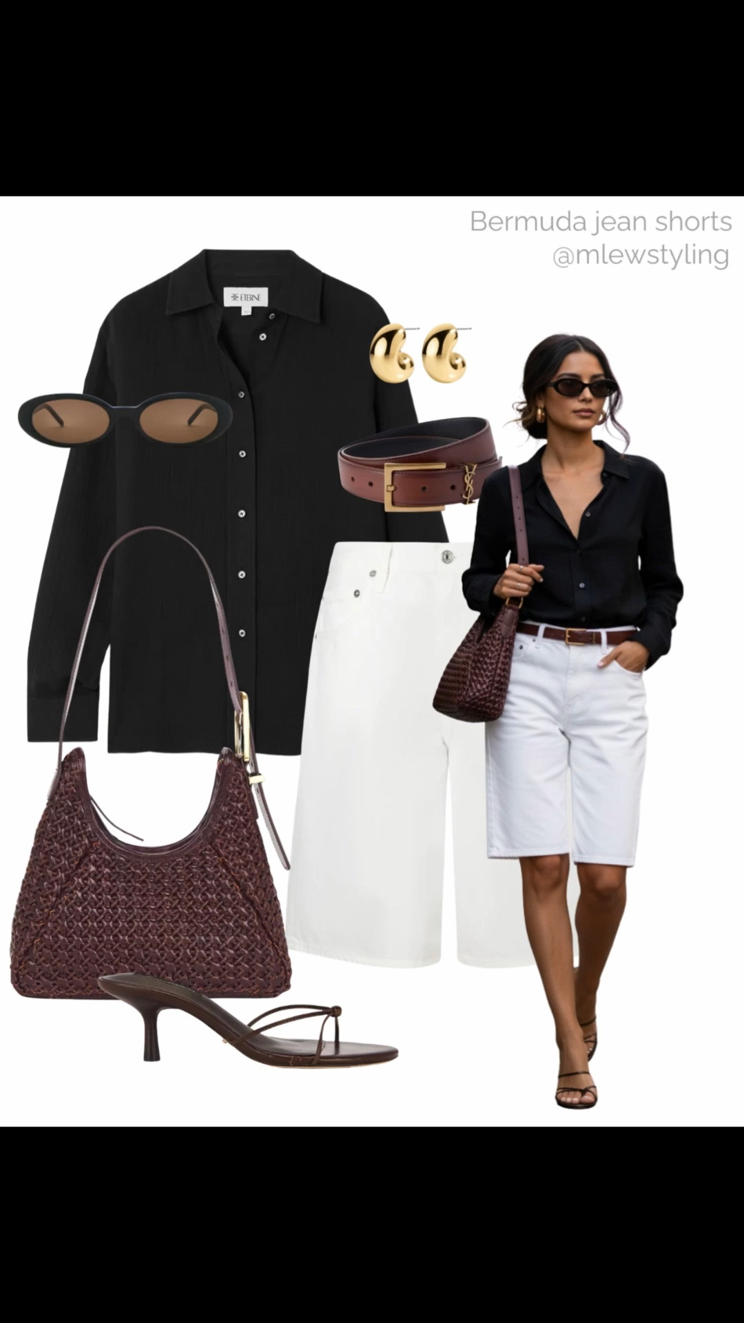 How to style Bermuda jean shorts 💫

Tags: neutral summer outfit, elevated style, black button down, white denim shorts, kitten heel sandals, brown sunglasses, YSL belt, woven shoulder bag, capsule wardrobe