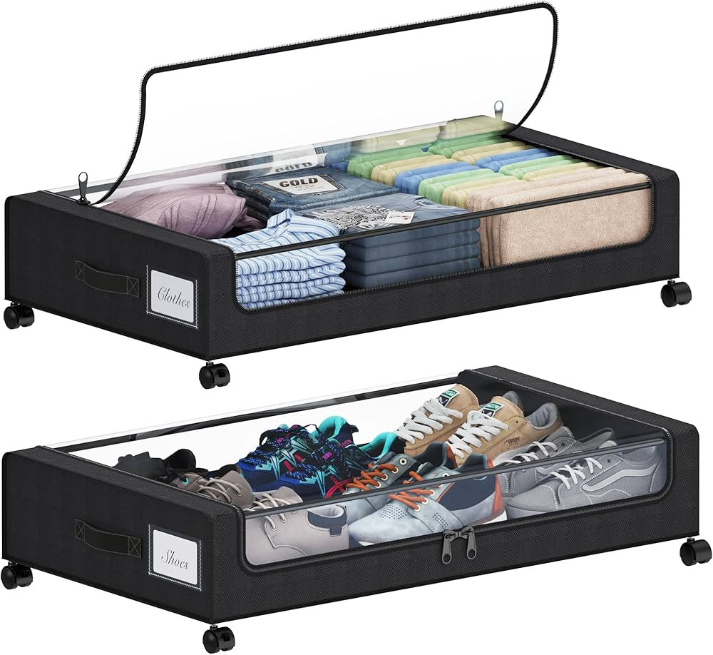 Under Bed Storage with Wheels, XXL 60L Under the Bed Storage Bins, Underbed Storage Containers wi... | Amazon (US)