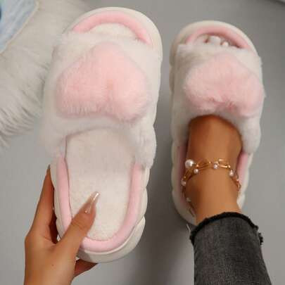 Heart Design Women's Cotton Slippers - Cozy Bedroom Slipper For Women, Warm & Fashionable Fluffy Round Toe Slipper. | SHEIN