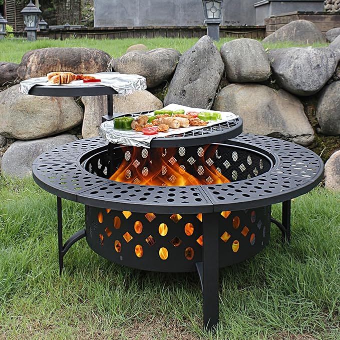 42 Inch Fire Pit with 2 Grills, Extra Large Wood Burning Fire Pits for Outside with Lid & Poker, ... | Amazon (US)