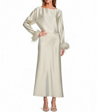 Antonio Melani Blyss Drapey Satin Boat Neck Long Sleeve Feather Cuff Blouse | Dillard's | Dillard's