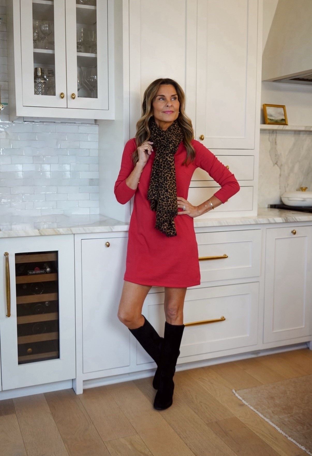 Talbots red fleece dress, wearing XS, I need a small. 
Talbots leopard scarf
-probably my favorite flat suede boots I’ve tried!! Very comfortable and thin boot shaft! 10/10 
#Talbots #Dress #Boots #Scarf #LeopardPrint 
#LTKOver40 