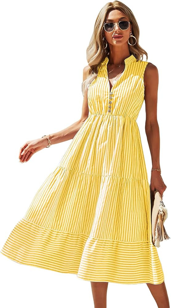 Floerns Women's Striped Print Notched Neck Sleeveless Ruffle A Line Midi Dress | Amazon (US)