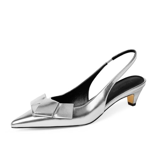 Modatope Silver Closed Toe Heels for Women Kitten Silver Heels Pointed Toe Sling Back Heels Silver Pumps Size 9 | Amazon (US)