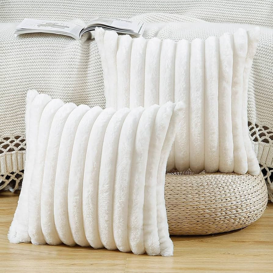 MADIZZ Set of 2 Faux Wool Plush Decorative Throw Pillow Covers 24x24 Inch Cream Fluffy Striped So... | Amazon (US)