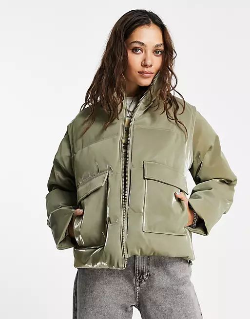 Topshop sheen puffer jacket with removeable sleeves in khaki | ASOS (Global)