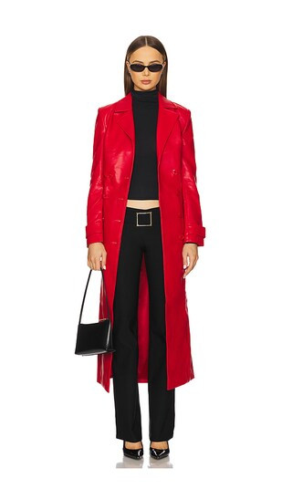 x REVOLVE Faux Leather Longline Coat in Famous Red | Revolve Clothing (Global)