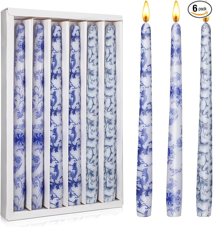 Nuanchu 6 Pcs Chinoiserie Taper Candles 10 Inch Blue and White Decorative Candlesticks Religious ... | Amazon (US)