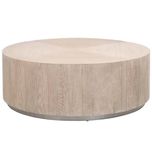 Lionel Coastal Beach Natural Grey Oak Wood Large Round Drum Coffee Table | Kathy Kuo Home