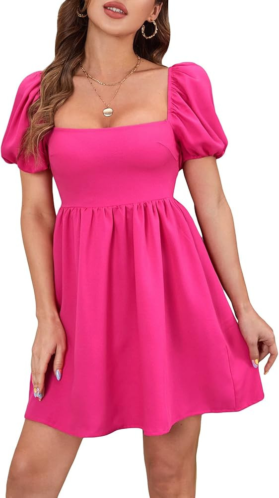 WDIRARA Women's Square Neck Puff Short Sleeve Backless Ruffle Hem A Line Dress | Amazon (US)