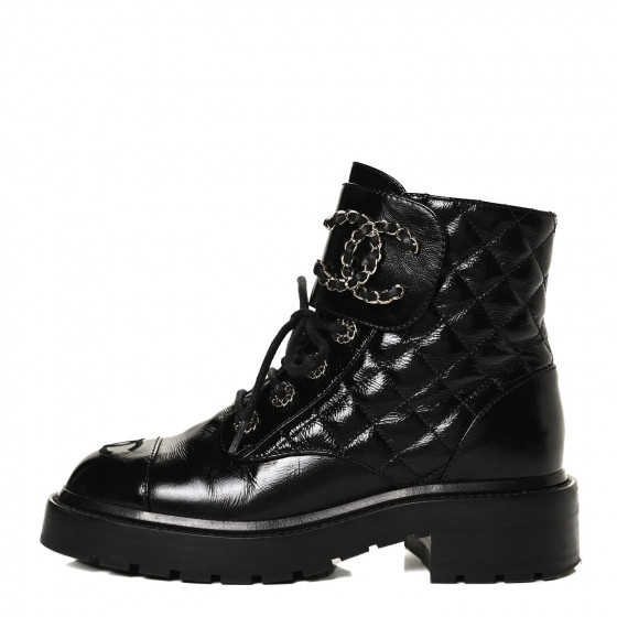 CHANEL Shiny Lambskin Quilted Lace Up Combat Boots 35.5 Black | Fashionphile