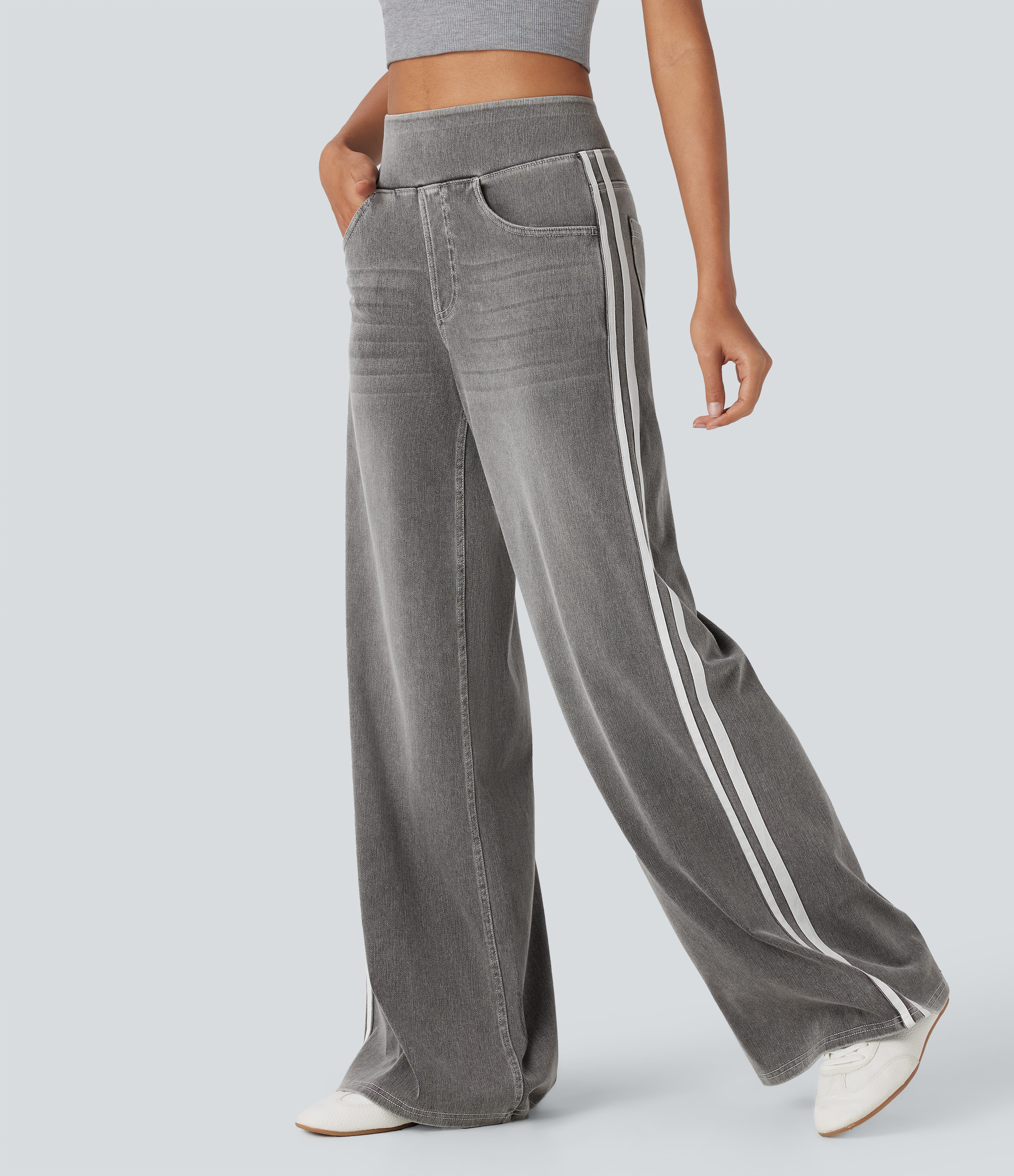 Halara Halara Flex™ High Waisted Stripe Wide Leg Flowy Washed Casual Jeans with Pockets - Cool Gray Denim - XS(tall) | HALARA