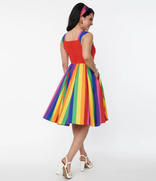 Unique Vintage Red & Rainbow Stripe Swing Dress | UniqueVintage