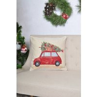 Red Car & Christmas Tree Pillow Cover, Farmhouse Pillows, Housewarming Gift For Christmas, Decorative Beige Pillow Case | Etsy (US)