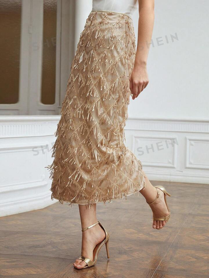 MOTF PREMIUM Gonna midi paillettes con frange | SHEIN