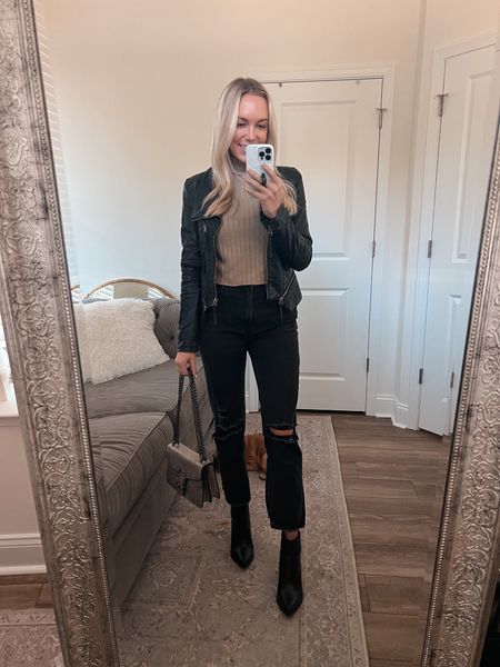 Fall outfit idea, casual outfit, black jeans, straight leg jeans, black booties, faux leather jacket,  taupe turtleneck cropped long sleeve shirt, amazon bag 

#LTKSeasonal #LTKunder100 #LTKHoliday