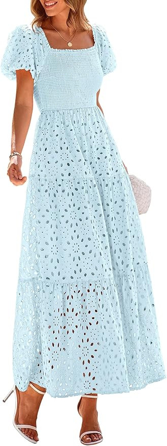 PRETTYGARDEN Summer Dresses for Women 2025 Eyelet Square Neck Puff Sleeve Smocked Wedding Guest M... | Amazon (US)