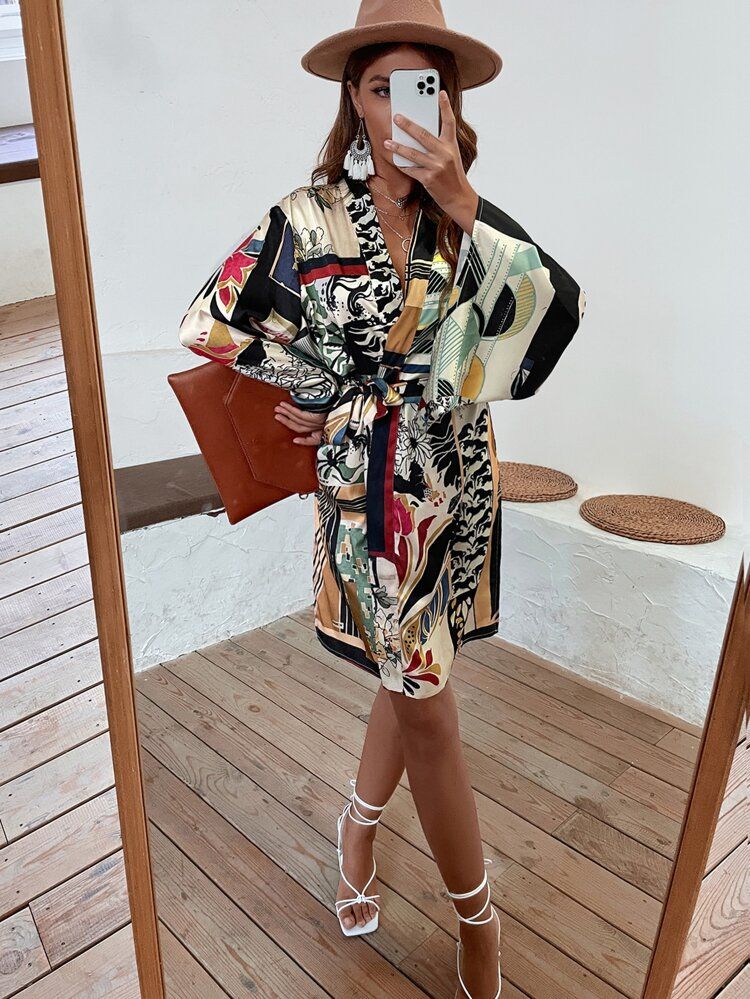 Scarf Print Belted Kimono | SHEIN