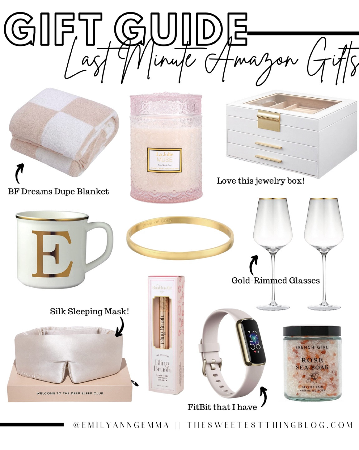 Amazon gifts, amazon prime, gold wine glasses, white and gold jewelry box, Fitbit, bath soak, silk sleeping mask, gold initial mug, amazon candle, gold bangle bracelet, barefoot dreams dupe blanket 

#LTKSeasonal #LTKGiftGuide #LTKHoliday