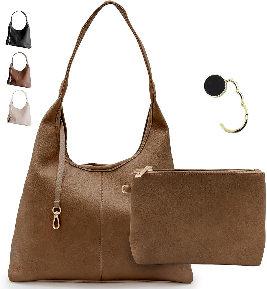 Cee & Dee Vegan Leather Hobo Bag, Slouchy Style with Shoulder Strap, Zippered Compartments, Table... | Amazon (US)