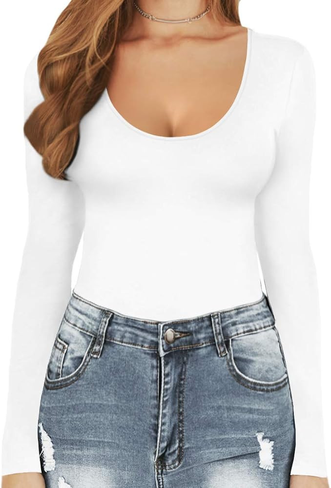 MANGOPOP Women's Scoop Neck Short Sleeve Long Sleeve Stretchy Basic Bodysuit Jumpsuits | Amazon (US)