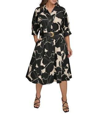 Donna Karan Plus Size Collar Neck Elbow Sleeve Belted A-Line Cotton Sateen Midi Dress | Dillard's | Dillard's