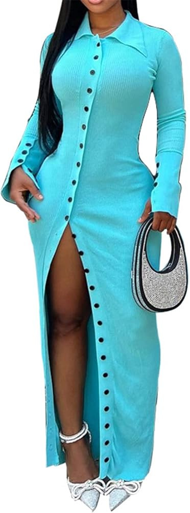 Women's Long Sleeve Lapel Button Split Solid Bodycon Sexy Nightclub Party Long Dress | Amazon (US)