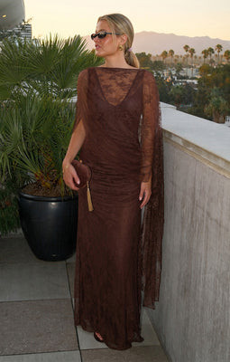Angelina Maxi Dress, in Chocolate Luxe Satin With Lace, Size: 2XL | Show Me Your Mumu | Show Me Your Mumu