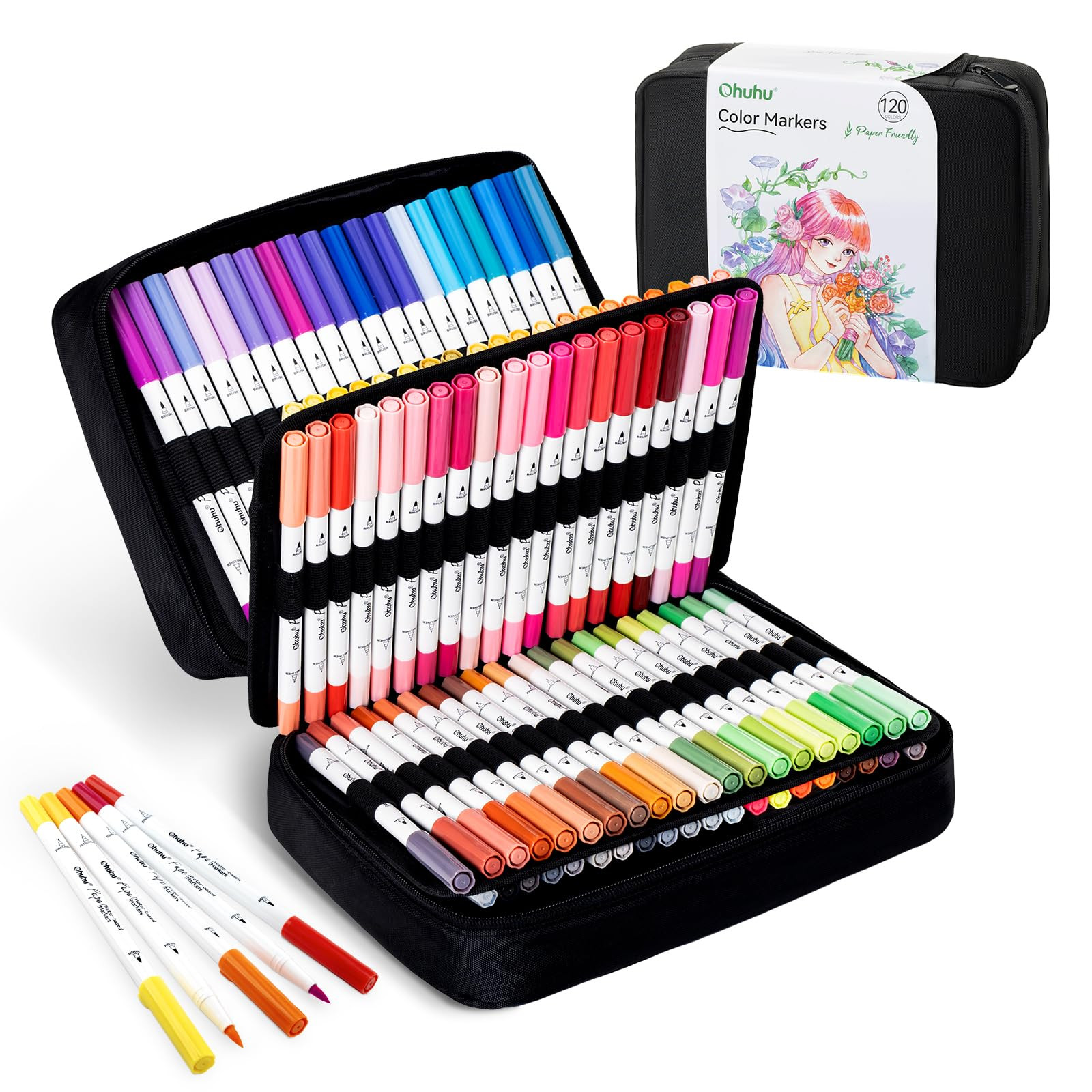 Ohuhu Markers Paper-friendly No Peeling Water-based 120 Colors Dual Brush Fineliner Tips Markers ... | Amazon (US)