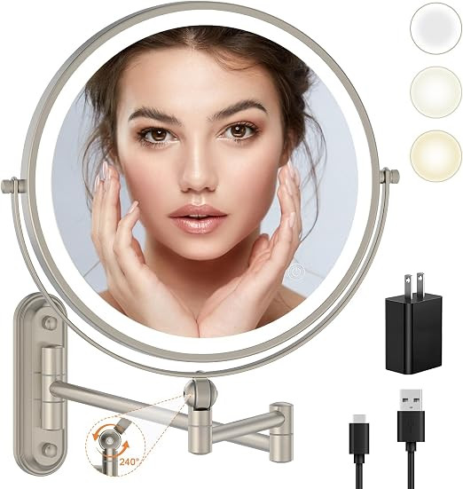 9" Wall Mounted Makeup Lighted Mirror, 4000mAh Rechargeable Double Sided LED Vanity Mirror with H... | Amazon (US)