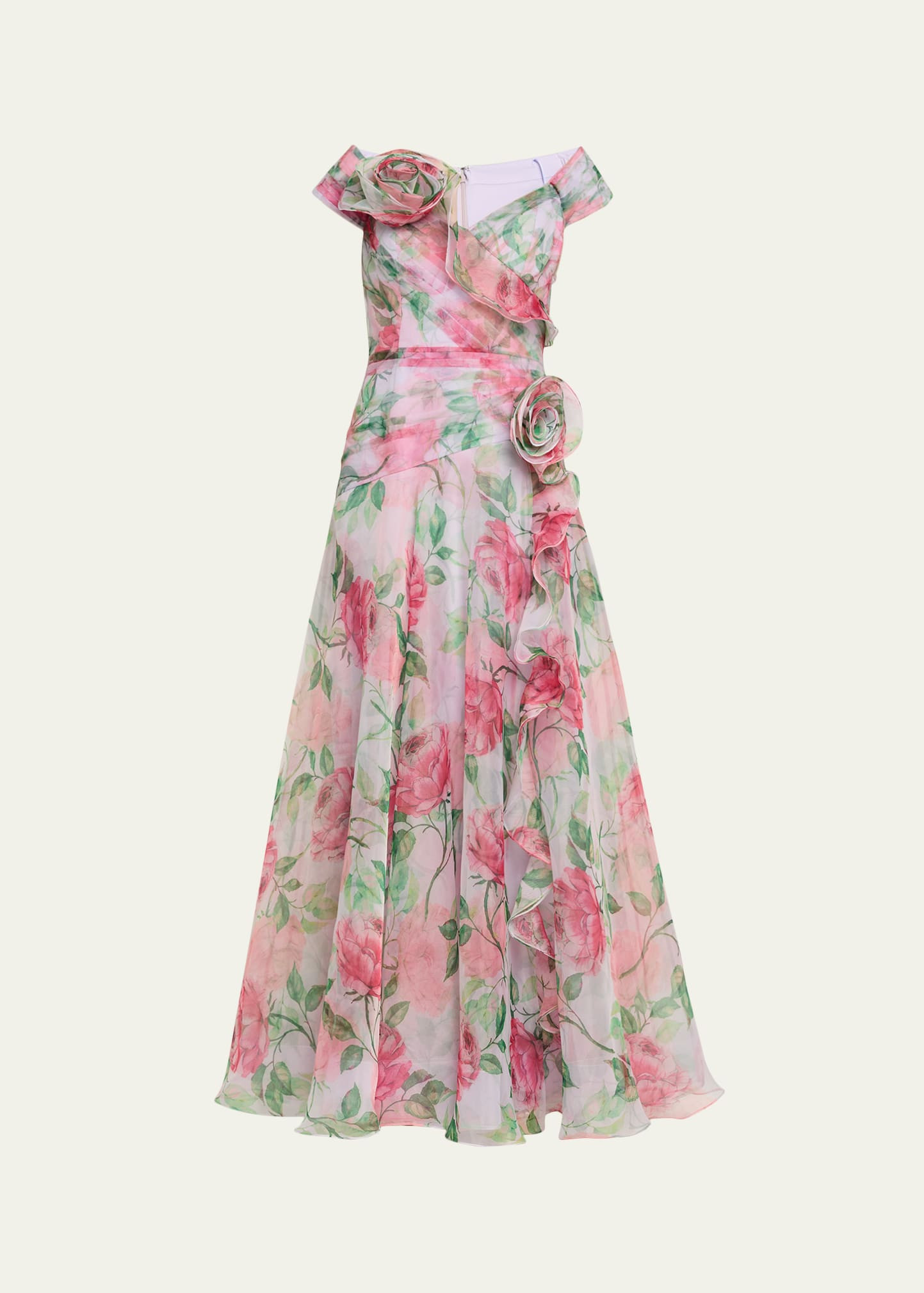 Rickie Freeman for Teri Jon Pleated Off-Shoulder Floral-Print Organza Gown | Bergdorf Goodman