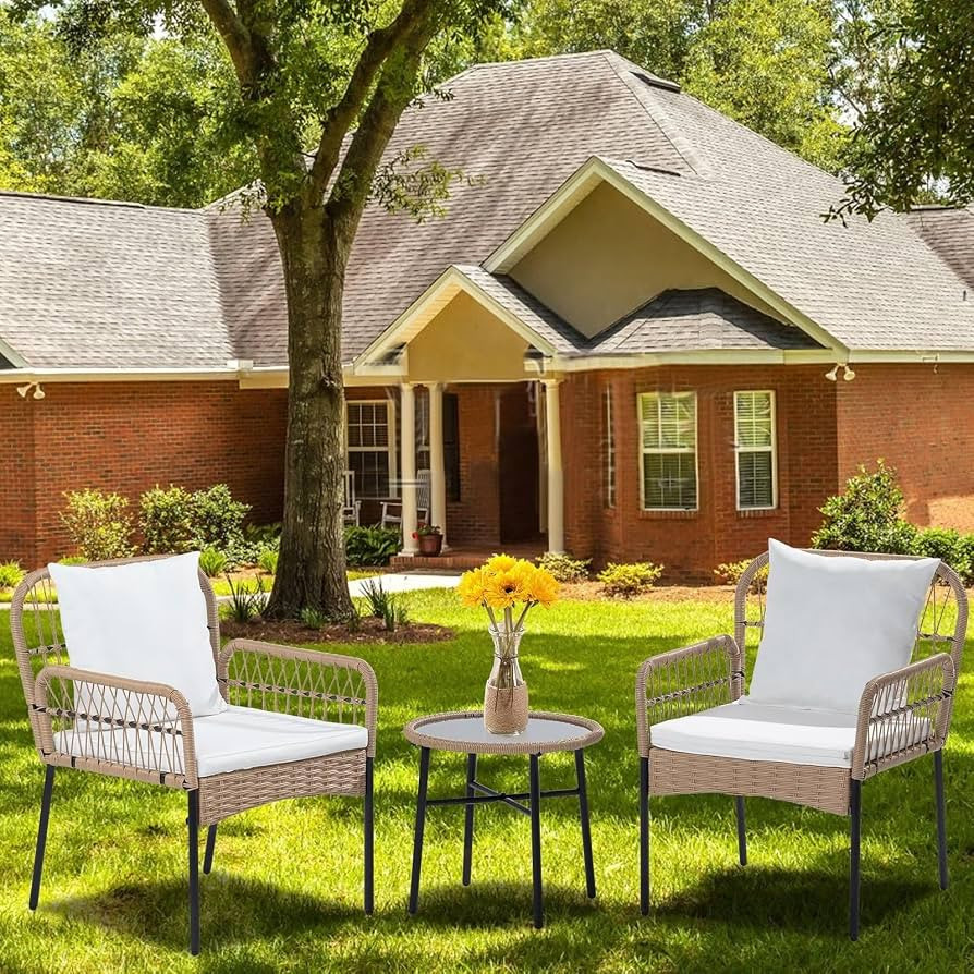 Homsido Patio Furniture Set 3 Pieces Small Boho Outdoor Rattan Woven Chairs Wicker Sofa Garden Co... | Amazon (US)