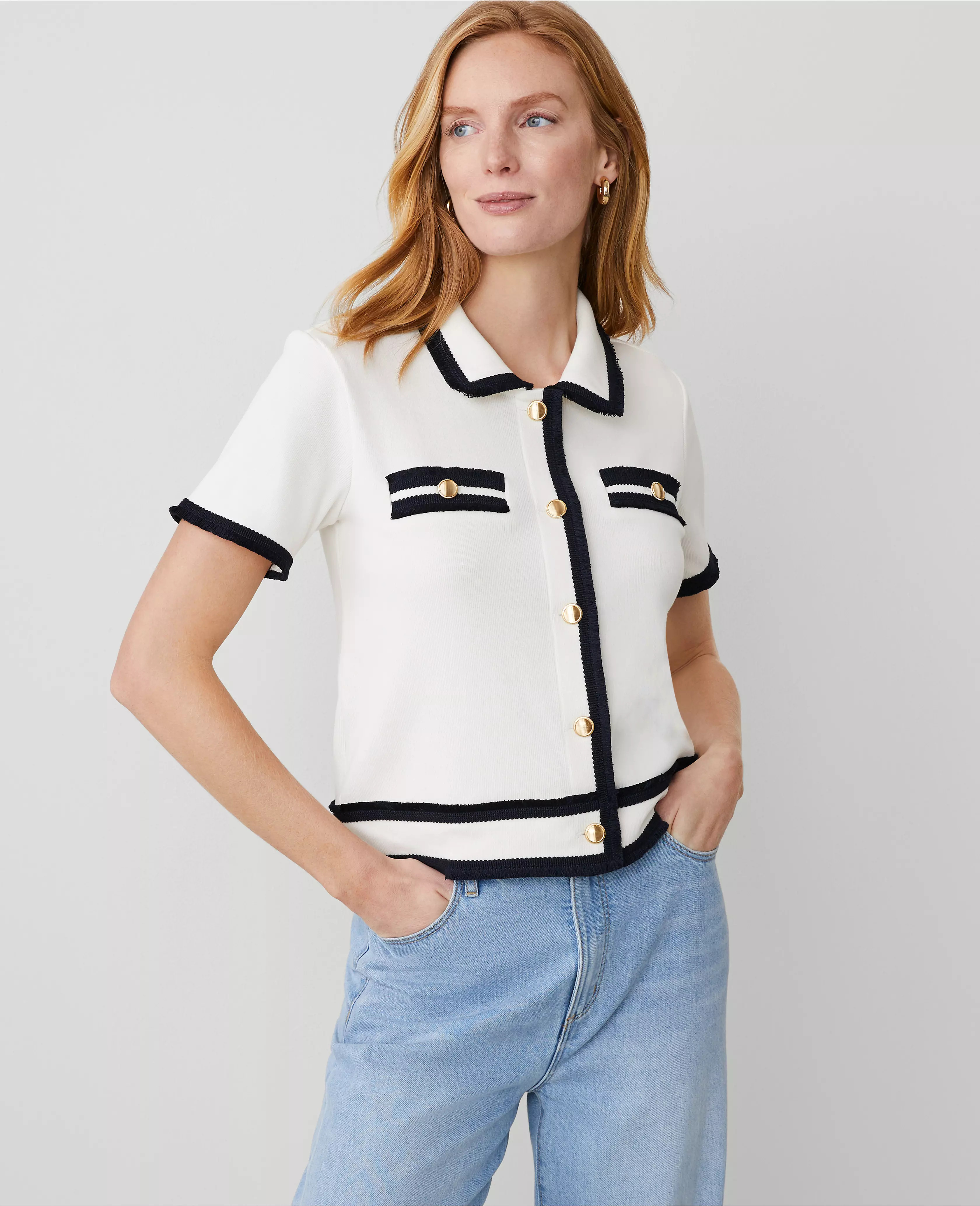 Tipped Fringe Button Top | Ann Taylor