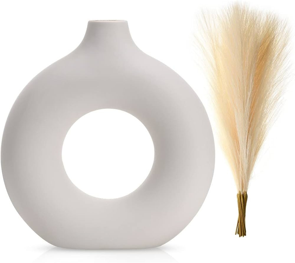 White Ceramic Vase, (13 PCS Total) + Includes Modern Pampas Grass Decor, Luxury Living Room Bedro... | Amazon (US)