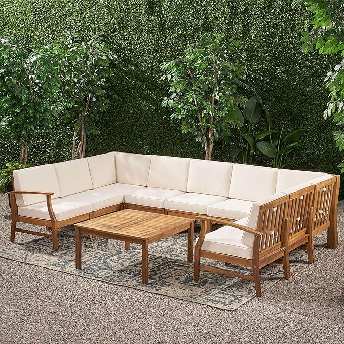 Great Deal Furniture Judith Outdoor 9 Seater Acacia Wood Sectional Sofa Set with Cushions, Teak w... | Amazon (US)
