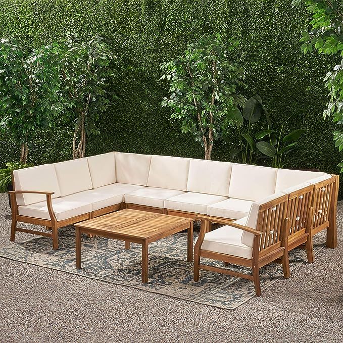 Great Deal Furniture Judith Outdoor 9 Seater Acacia Wood Sectional Sofa Set with Cushions, Teak w... | Amazon (US)