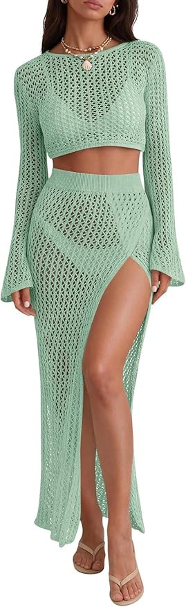 Saodimallsu Womens Crochet Beach Cover Ups Set 2 Piece 2026 Boat Neck Crop Long Sleeve Tops High ... | Amazon (US)