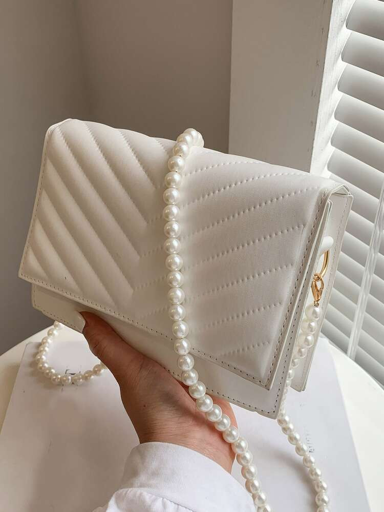 Mini Faux Pearl Beaded Chevron Square Bag | SHEIN