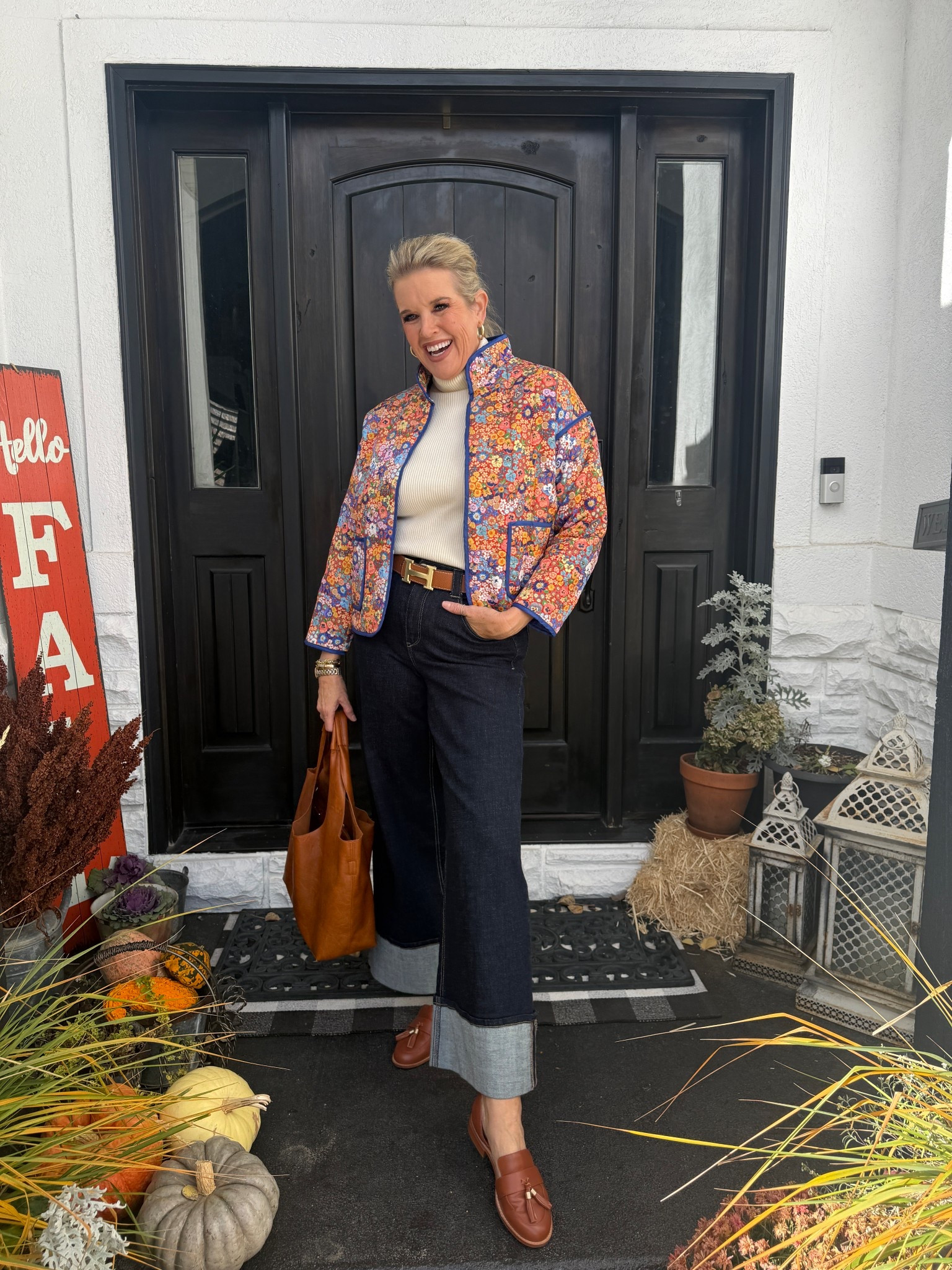 Fall outfit idea 

Amazon find floral quilted jacket
Tts 

Ralph Lauren turtleneck 
Tts 

Wit and wisdom  wide leg large cliff dark denim jeans
Fit
Tts and under $100 

Cecelia New York 
Tassel loafer  tts 

Vegan leather tote 

Hermes belt  (not linkable)

#LTKFindsUnder100 #LTKStyleTip #LTKSaleAlert