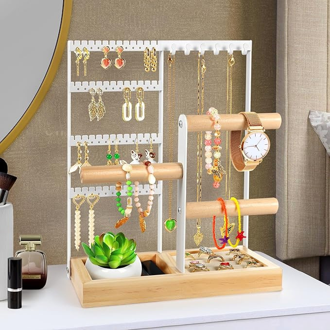 Godboat Jewelry Organizer, 4-Tier Earring Holder Organizer with 48 Holes, 6 Hooks Necklace Rack, ... | Amazon (US)