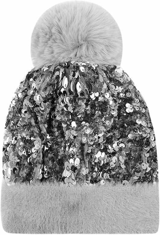 Caviotess Women Sparkly Sequins Knitted Beanie Hat Warm Winter Skull Cap with Faux Fur Pom Pom | Amazon (US)