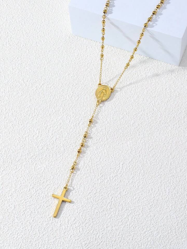 1pc 4mm Stainless Steel Gold-Color Beaded Necklace With Virgin Mary & Cross Pendant, Women's Dail... | SHEIN