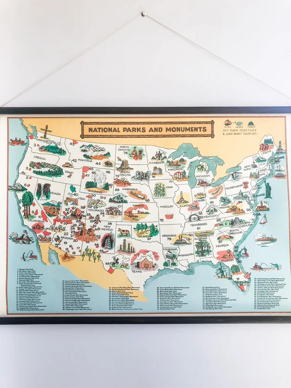 Vintage Style National Parks and Monuments Map Ready to Hang | Etsy (US)