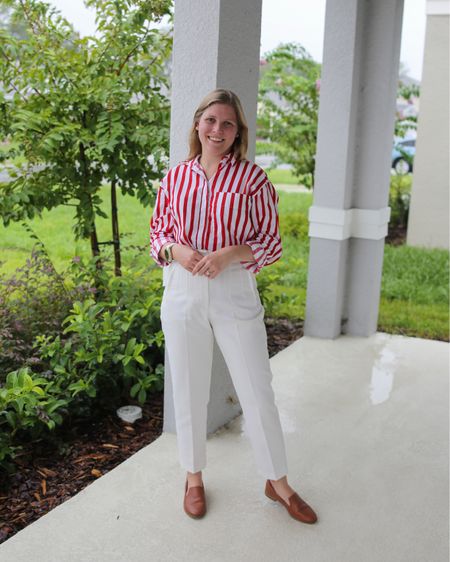 Red striped button up with white pants  

#LTKSeasonal #LTKworkwear