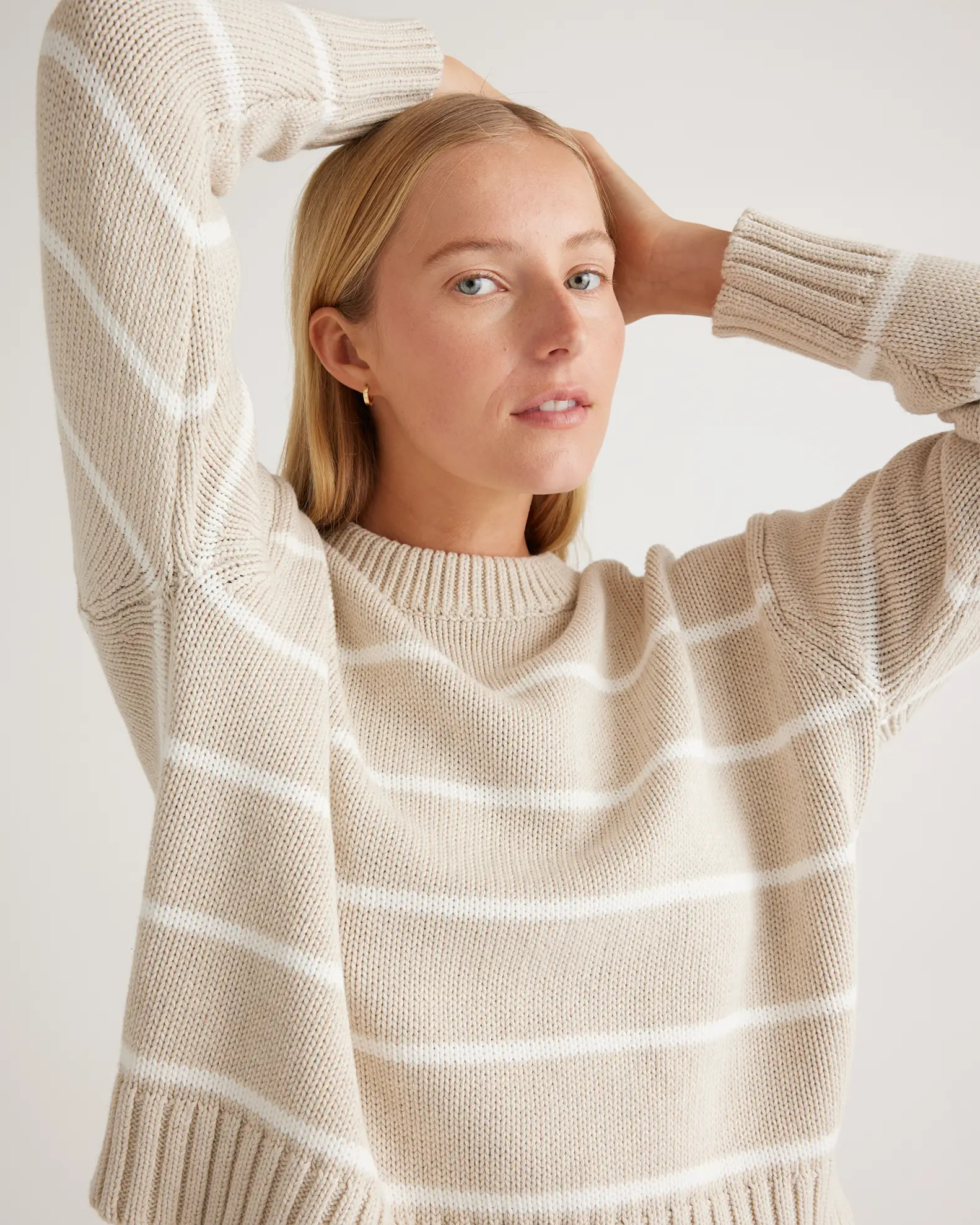 100% Organic Cotton Striped Crew Sweater in Speckled Beige/Ivory | Quince