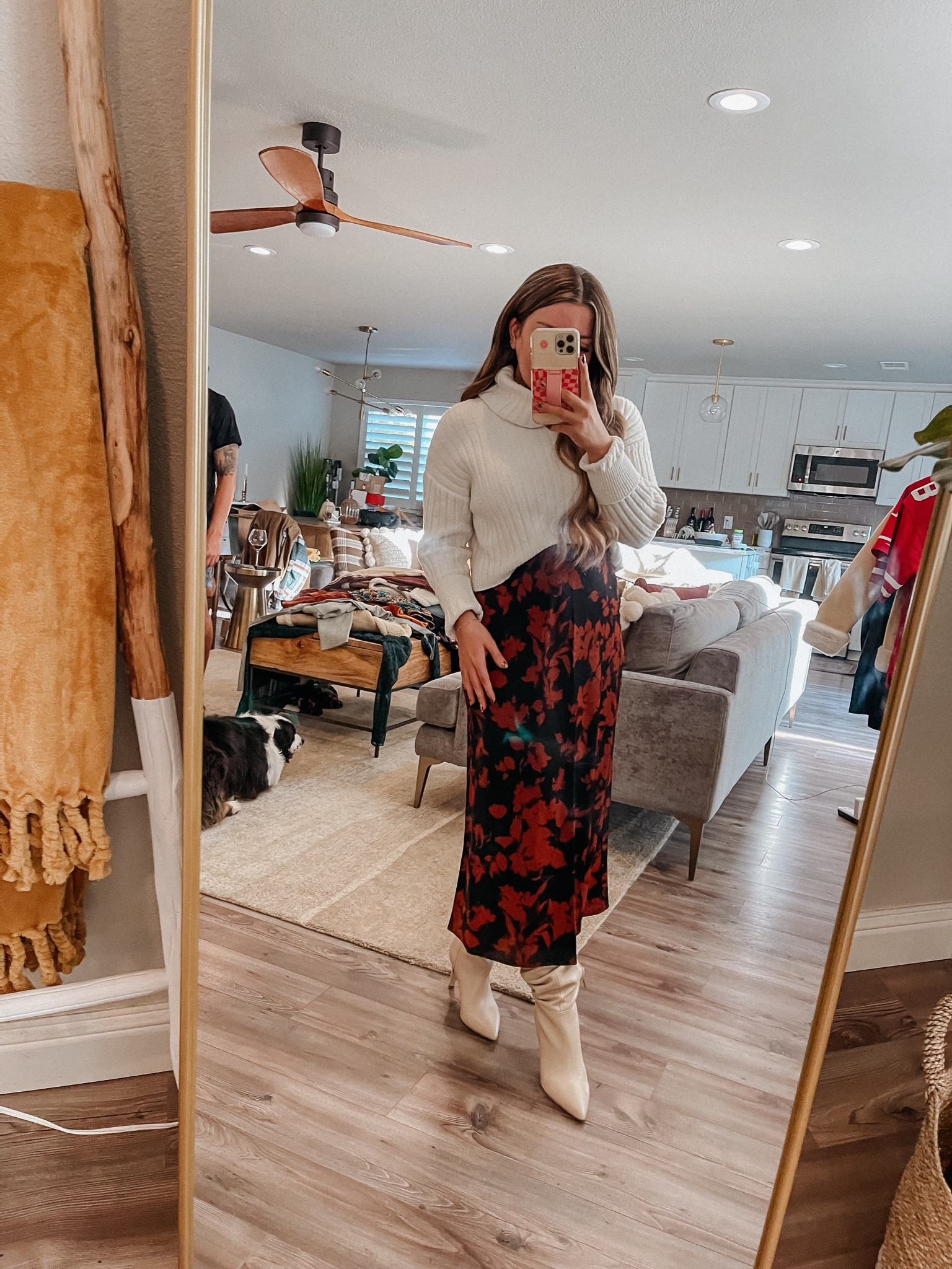 Fall floral midi skirt, knee high boots, knit sweater

#LTKstyletip #LTKfindsunder100 #LTKSeasonal