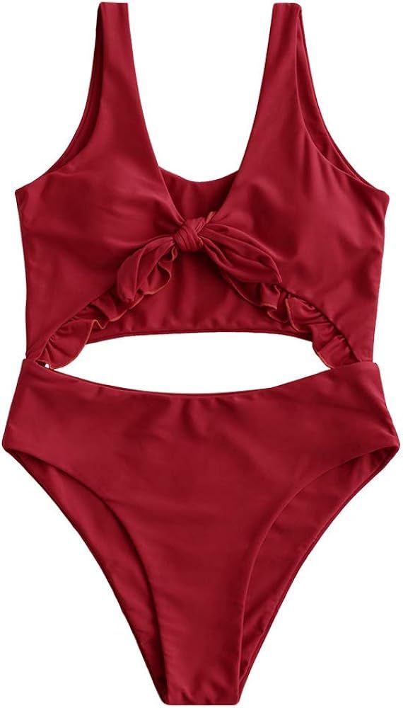 ZAFUL Women's Tie Knot Front Ruffle Cutout High Waisted One-Piece Swimsuit (Red, S) | Amazon (US)